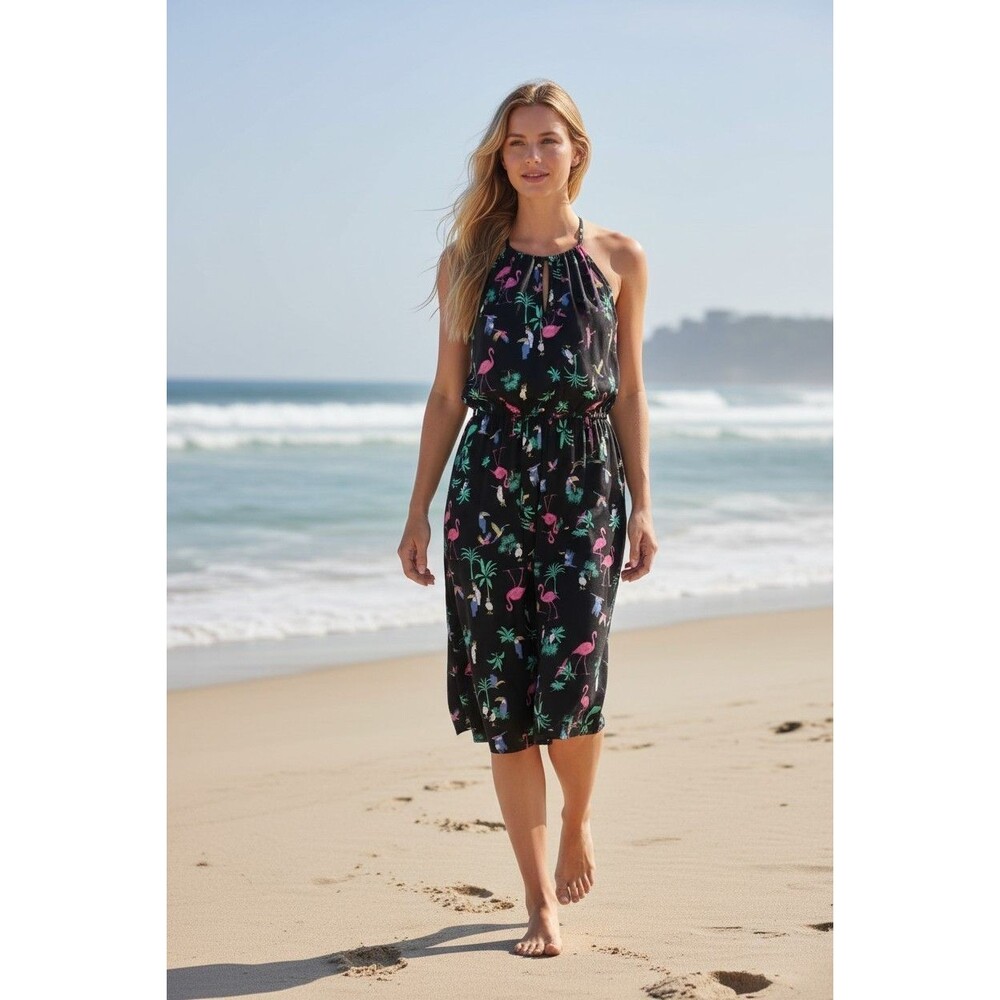 LOFT Outlet Blouson Midi Dress Black Tropical Print Women's Size L